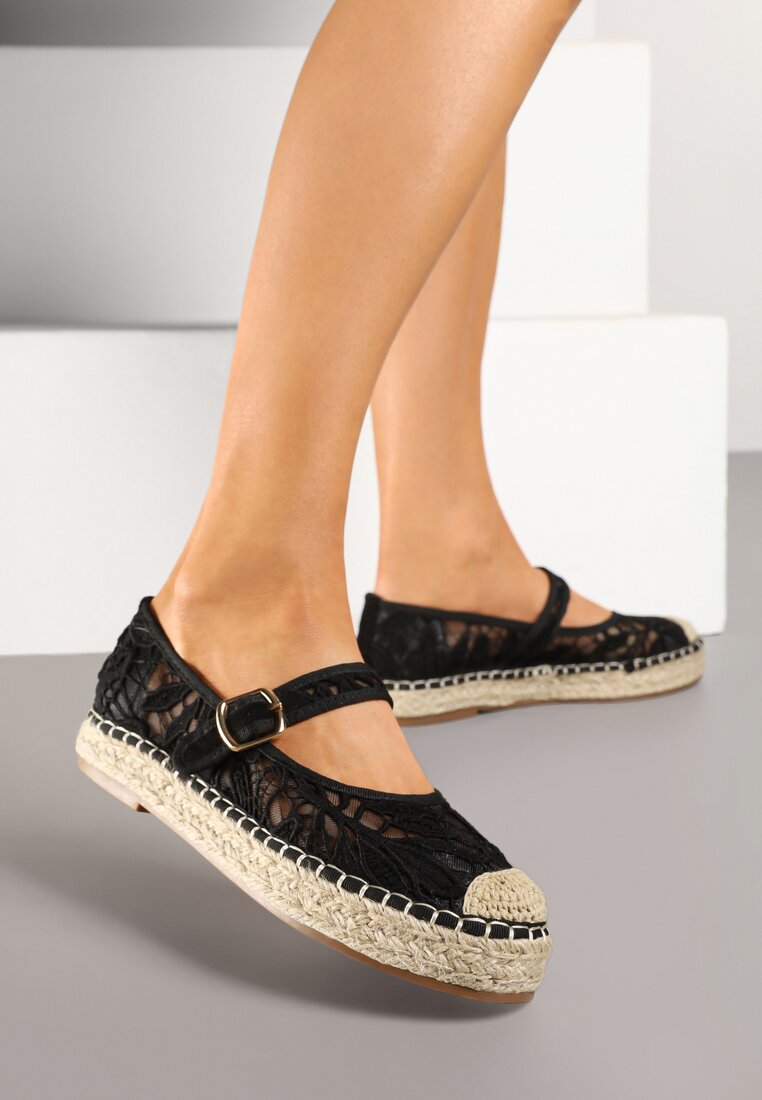 Espadrile Negre pe talpă împletită cu curea și parte superioară din dantelă Tatonia
