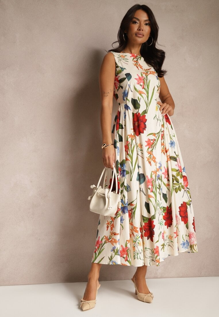 Rochie Bej de Bumbac cu Croială Cloș cu Imprimeu Floral Iladris