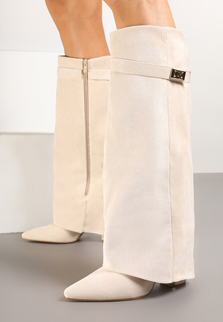 Cizme Bej cu toc gros cu manșetă răsfrântă și cataramă Upaxa