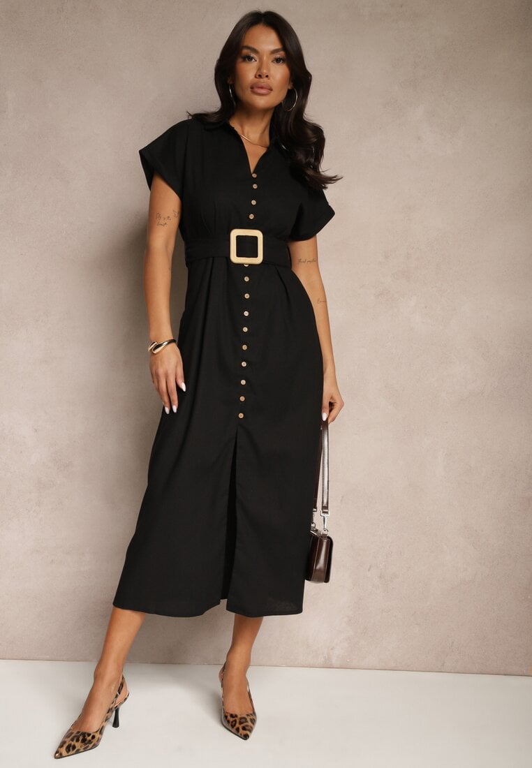 Rochie Neagră Tip cămașă din Bumbac cu Mânecă Scurtă cu Centură din Material Celirna