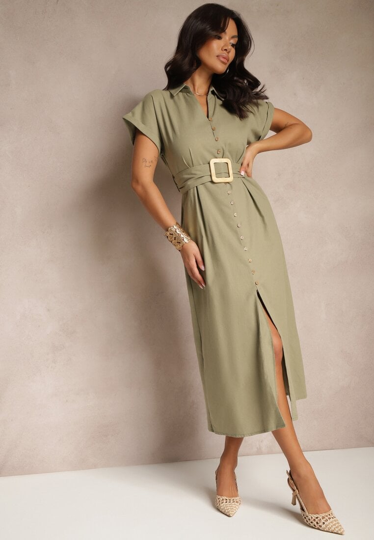 Rochie Cămașă Verde din Bumbac cu Mânecă Scurtă cu Cordon din Material Celirna