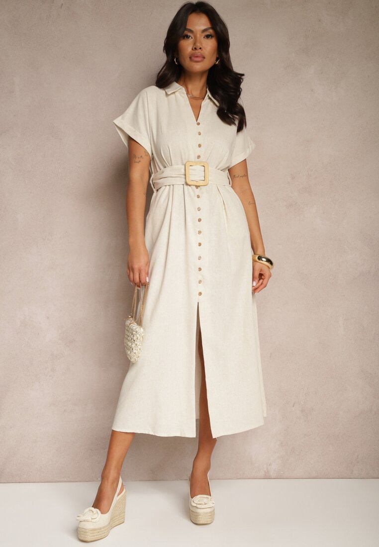 Rochie cămașă Bej deschis din bumbac cu mânecă scurtă cu cordon din material Celirna