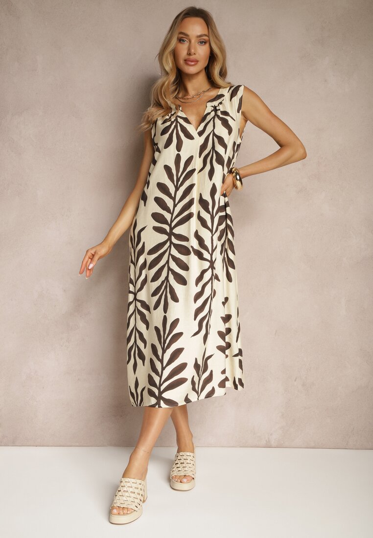 Rochie Tip Cutie Bejă cu Adaos de Vâscoză cu Imprimeu de Vară Jolessa