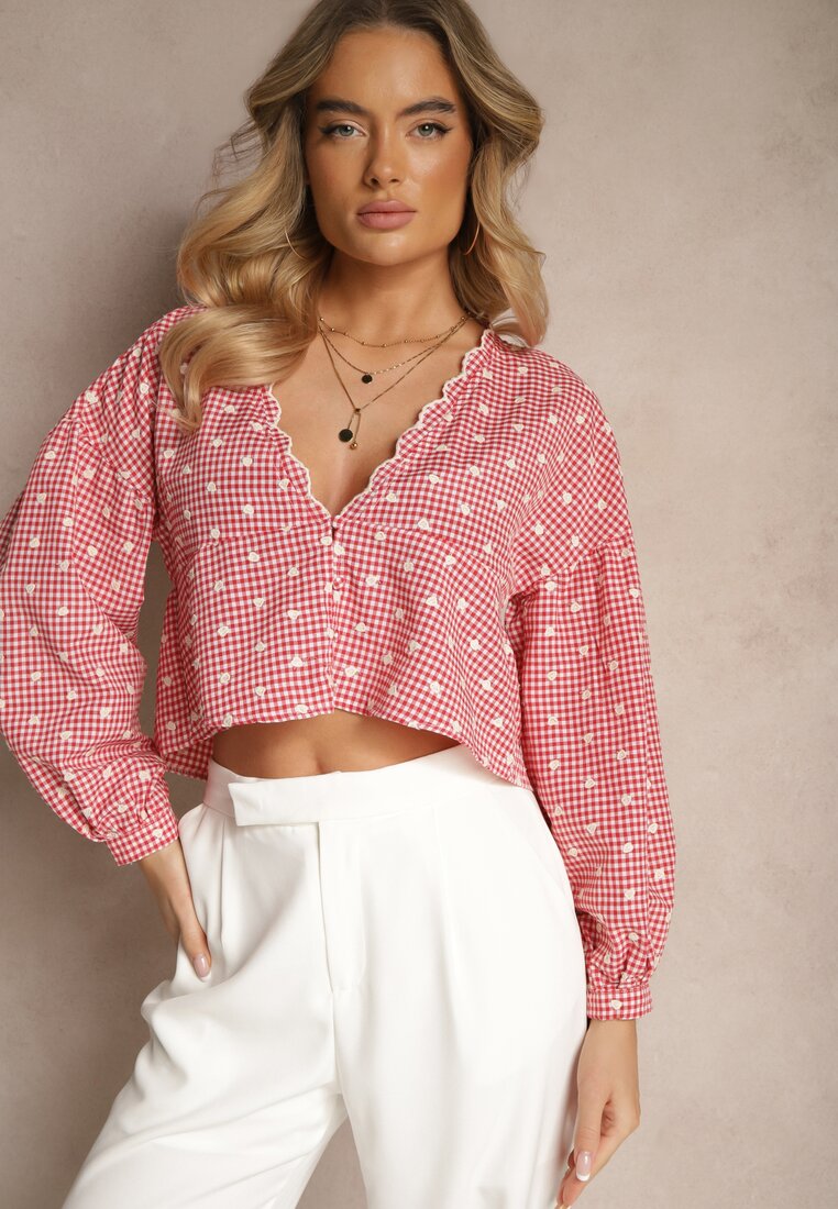 Cămașă Roșie cu Bufuri Ușoare și Broderii cu Adaos de Bumbac în Carouri Alitea