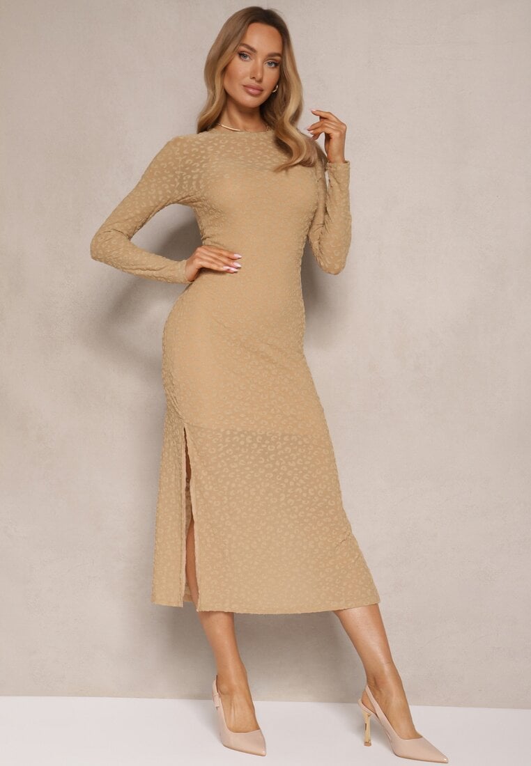 Rochie Bej din plasă cu viscoză Decorată cu imprimeu leopard Adellona