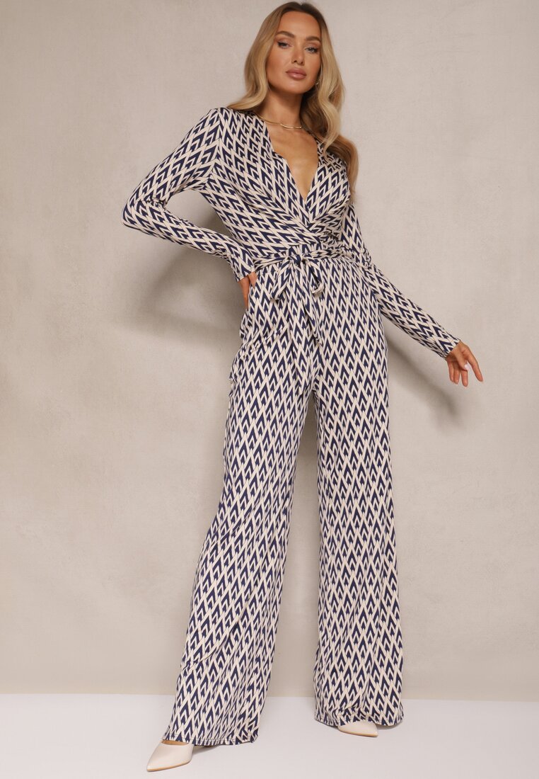 Salopetă Albastră cu Decolteu Plic, Curea și Imprimeu Geometric Sarilen