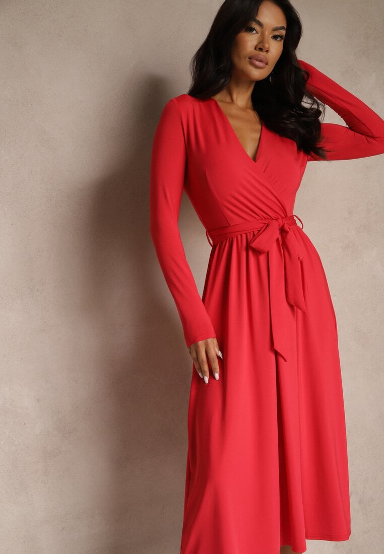 Rochie roșie taliată cu curea cu amestec de vâscoză Hrestalia