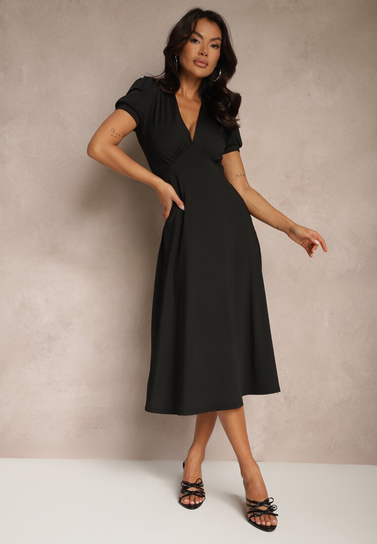 Rochie Neagră Evazată de cocktail cu viscoză cu perne la umeri Mimiza