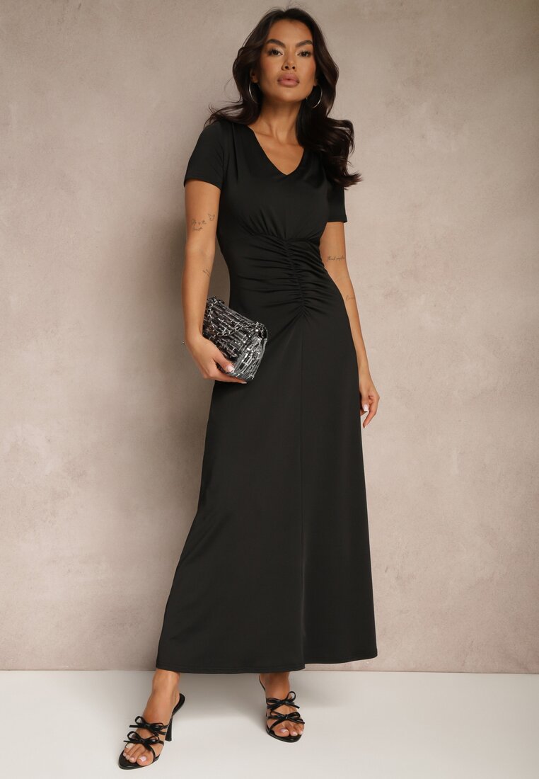 Rochie Neagră Cambrată cu Drapaje Decorative și Adaos de Vâscoză Avenile