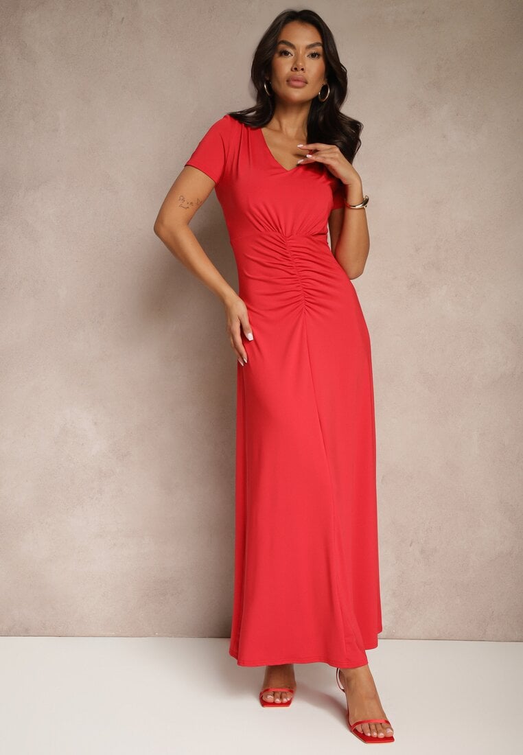 Rochie roșie cambrată cu încrețituri decorative și adaos de vâscoză Avenile