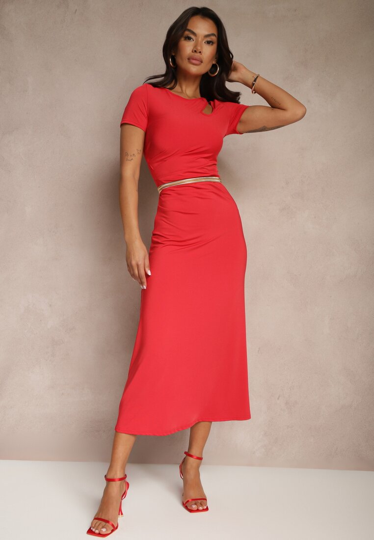 Rochie Roșie Bodycon cu drapaj în talie și mâneci scurte Aterezza