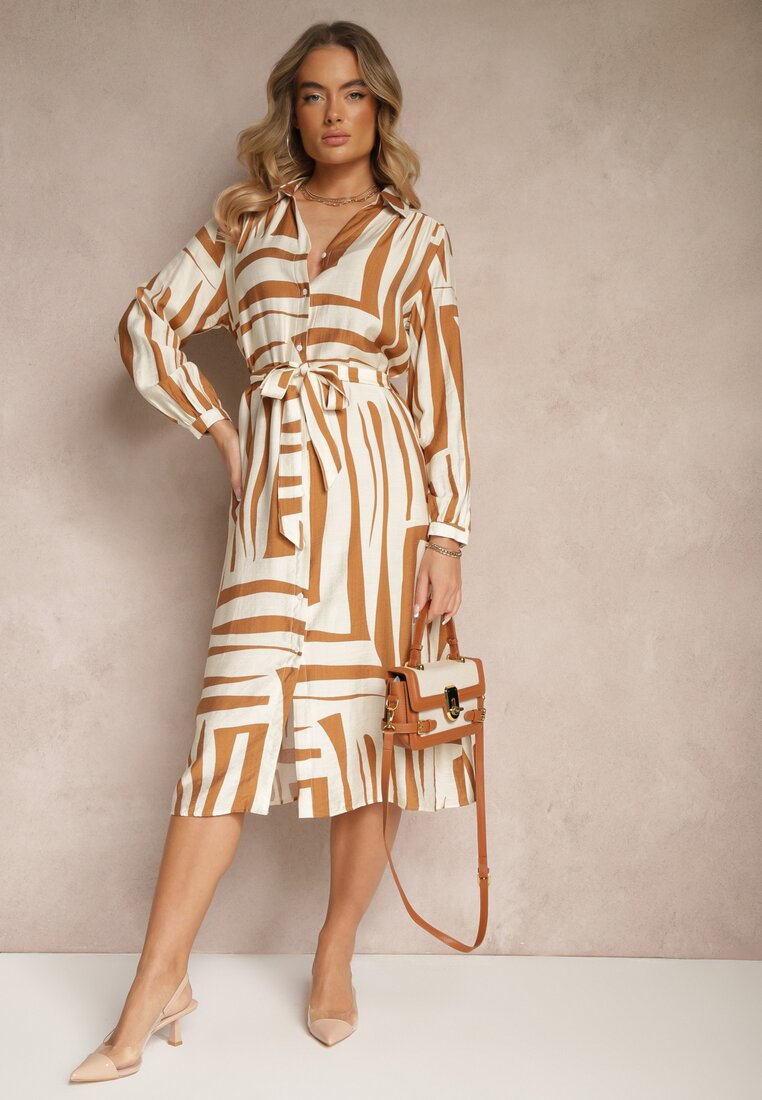 Rochie Bej din vâscoză cu croială tip cămașă cu imprimeu geometric Ninatria