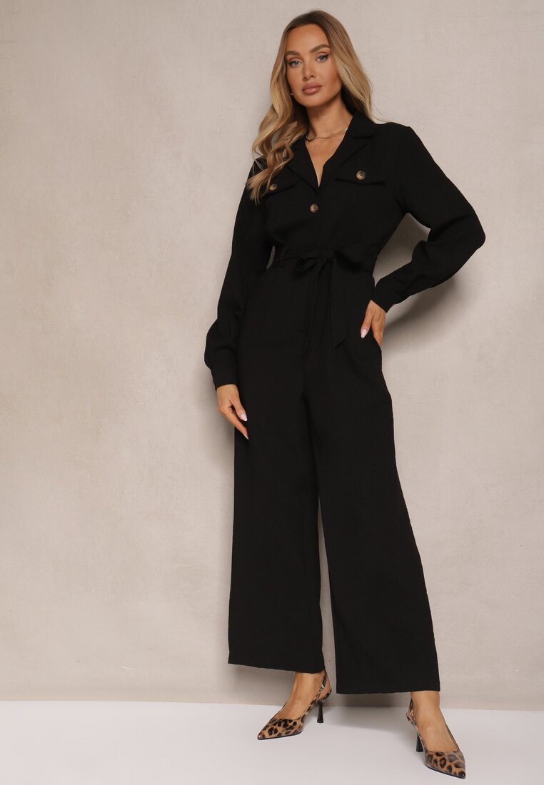 Kombinezon Negru Lung în Stil Utility Cu Cordon în Talie Daneloria