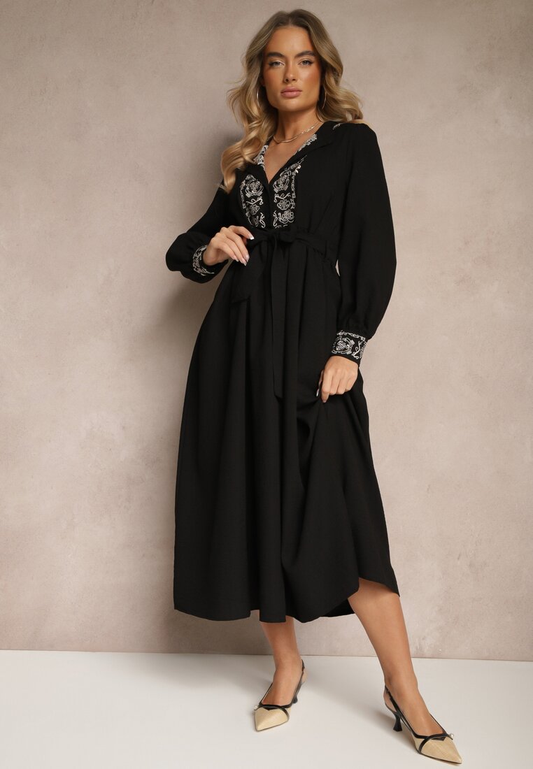 Rochie Neagră Cloș cu Viscoză Decorată cu Broderie și Legată în Talie Ninalisa