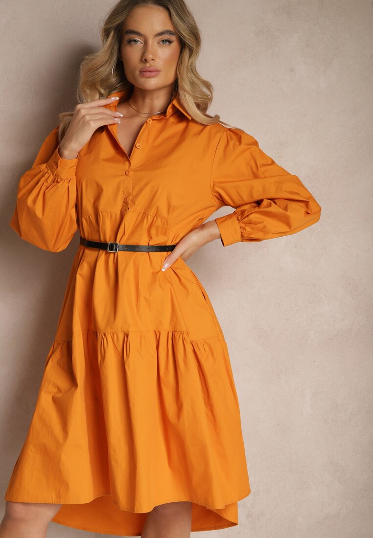 Rochie tip cămașă Portocalie evazată din Bumbac Paniell