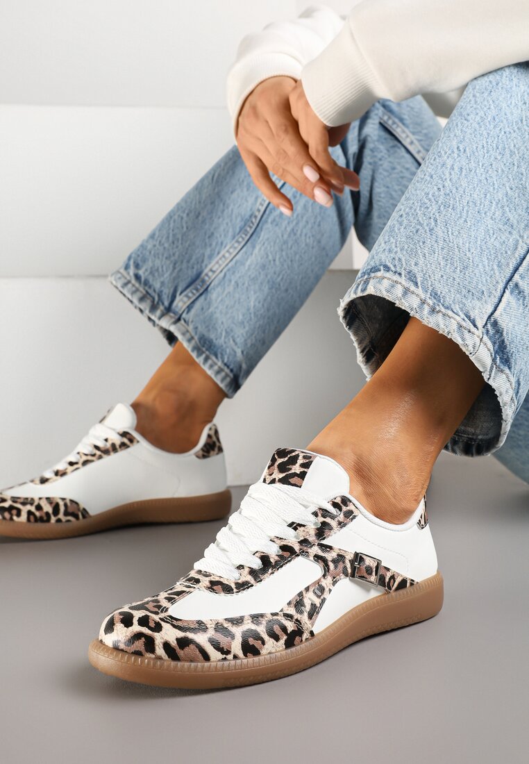 Sneakers Clasici Tenisi Albi cu Imprimeu de Leopard Decorați cu Cataramă Senaniela