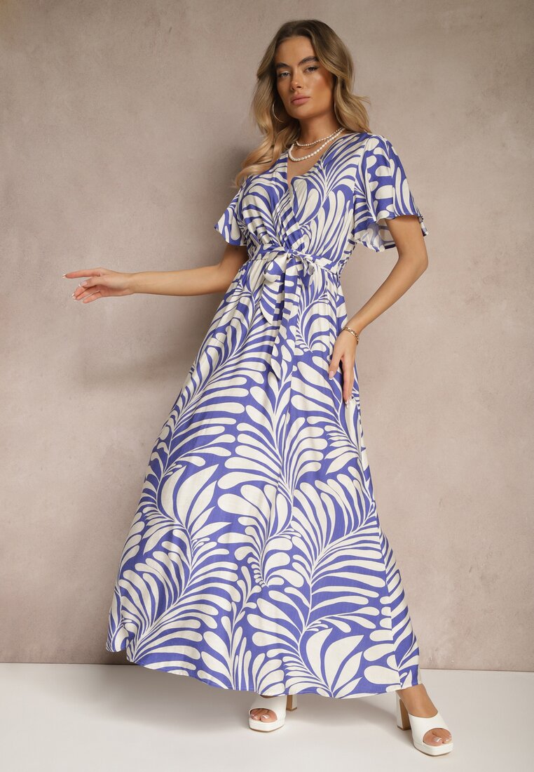 Rochie tip plic Albastră din viscoză Decorată cu imprimeu cu motiv vegetal Dinea