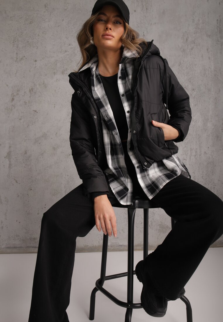 Geacă Neagră cu Matlasare Lată și Glugă Nedetașabilă Ninilira