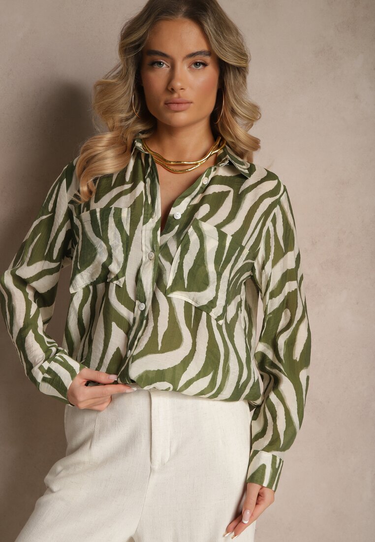 Cămașă Transparentă Verde din Viscoză cu Croială Clasică cu Imprimeu Zebră Covianne