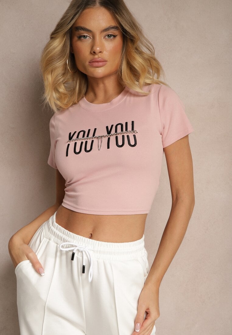 Tricou roz din bumbac decorat cu lanț și inscripție Olithel