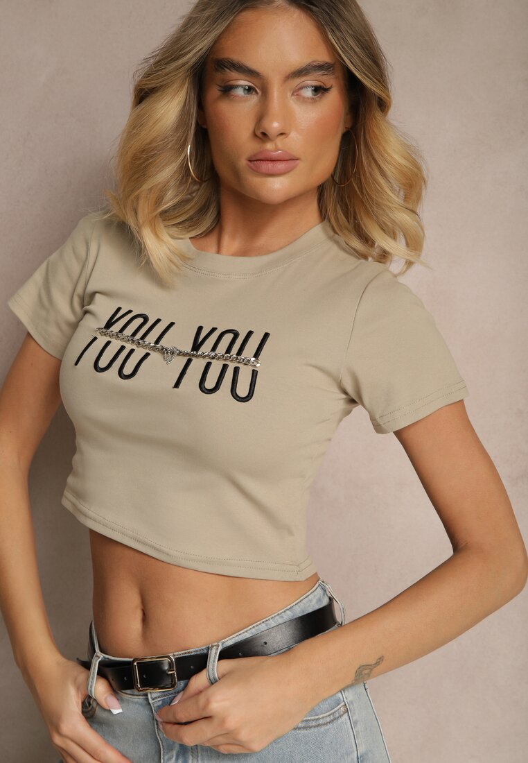 Tricou Bej închis din bumbac decorat cu lanț și inscripția Olithel