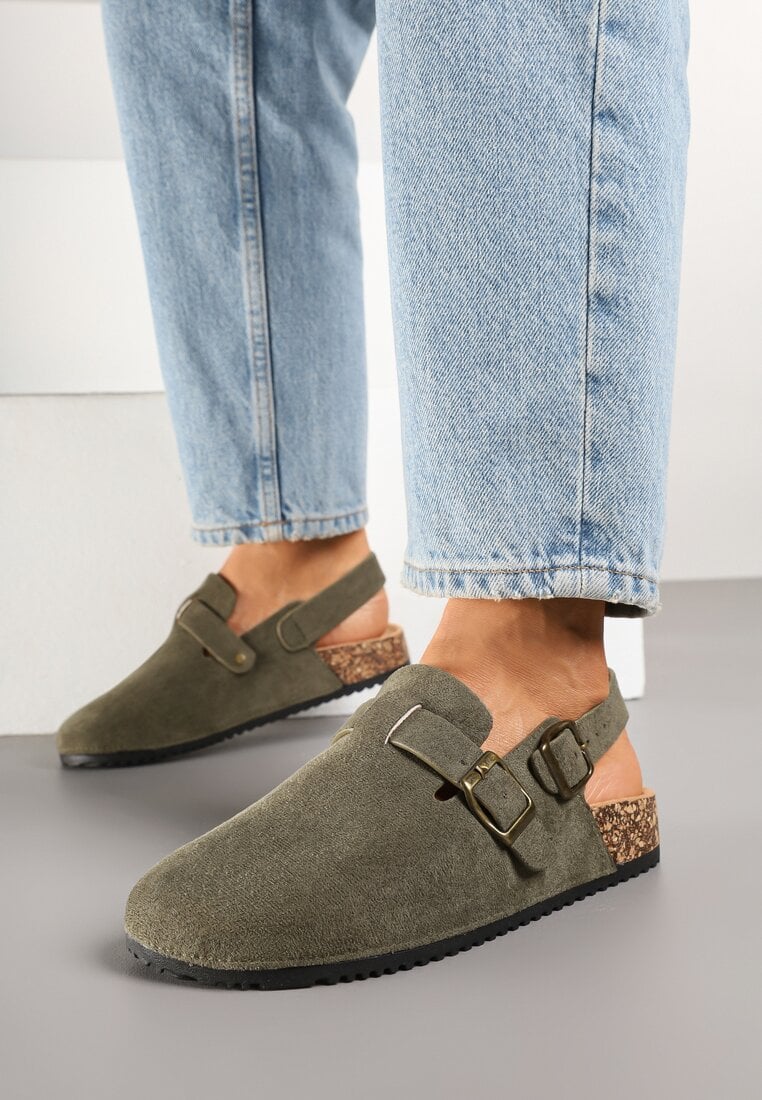 Papuci Verzi Saboți cu Cataramă Decorativă și Curea Senelra