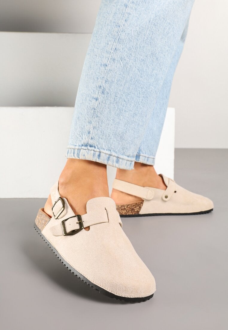 Sandale Bej Saboți cu Cataramă Decorativă și Curea Senelra