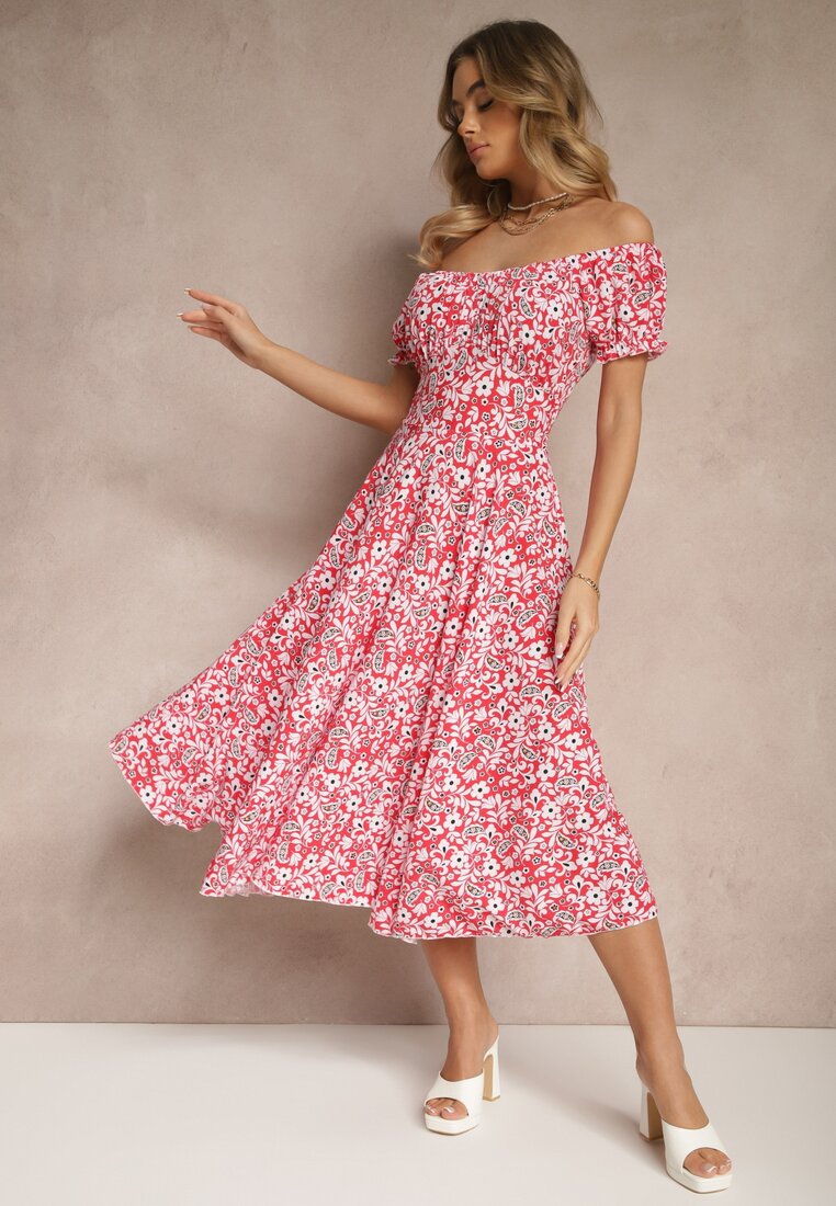Rochie Roșie Evazată cu imprimeu floral din bumbac și decolteu barcă cu mâneci bufante Saniren