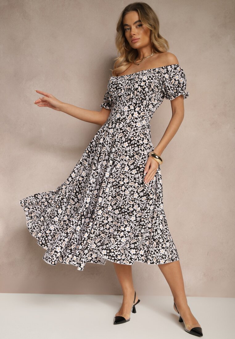 Rochie Evazată Neagră cu Imprimeu Floral din Bumbac și Decolteu Bărcuță cu Mâneci Bufante Saniren