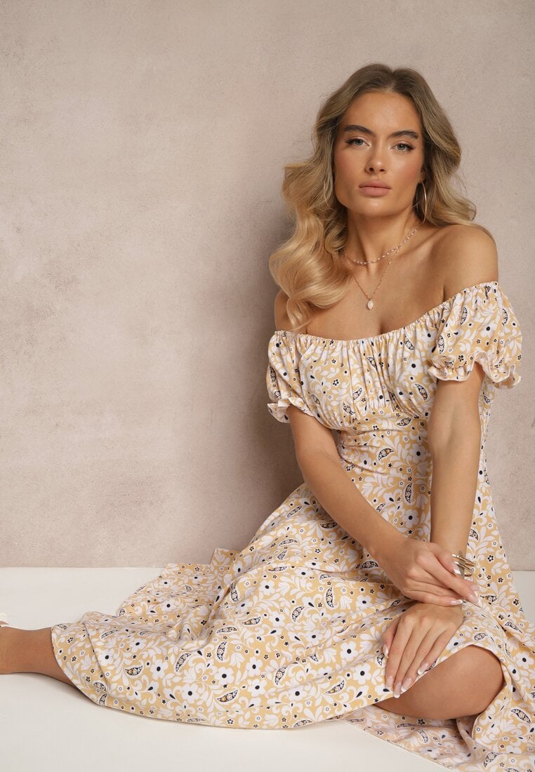 Rochie Galbenă Cloche cu Imprimeu Floral din Bumbac și Decolteu Bărcuță cu Mâneci Bufante Saniren