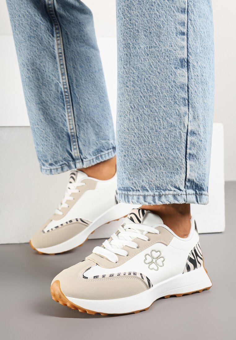 Adidași Bej-Albi cu decorațiuni zebrate și broderie delicată Alisella