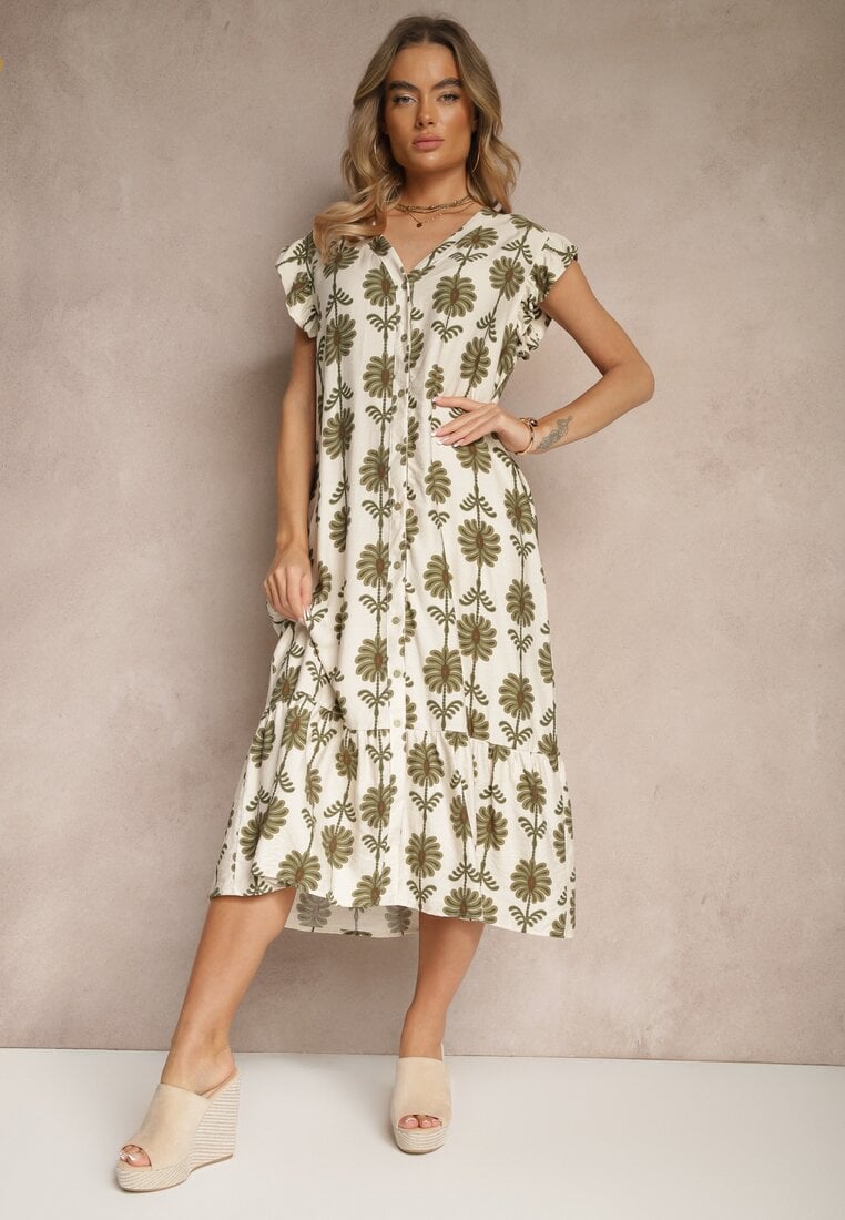 Rochie Alb-Verde Evazată florală din bumbac Efalithea