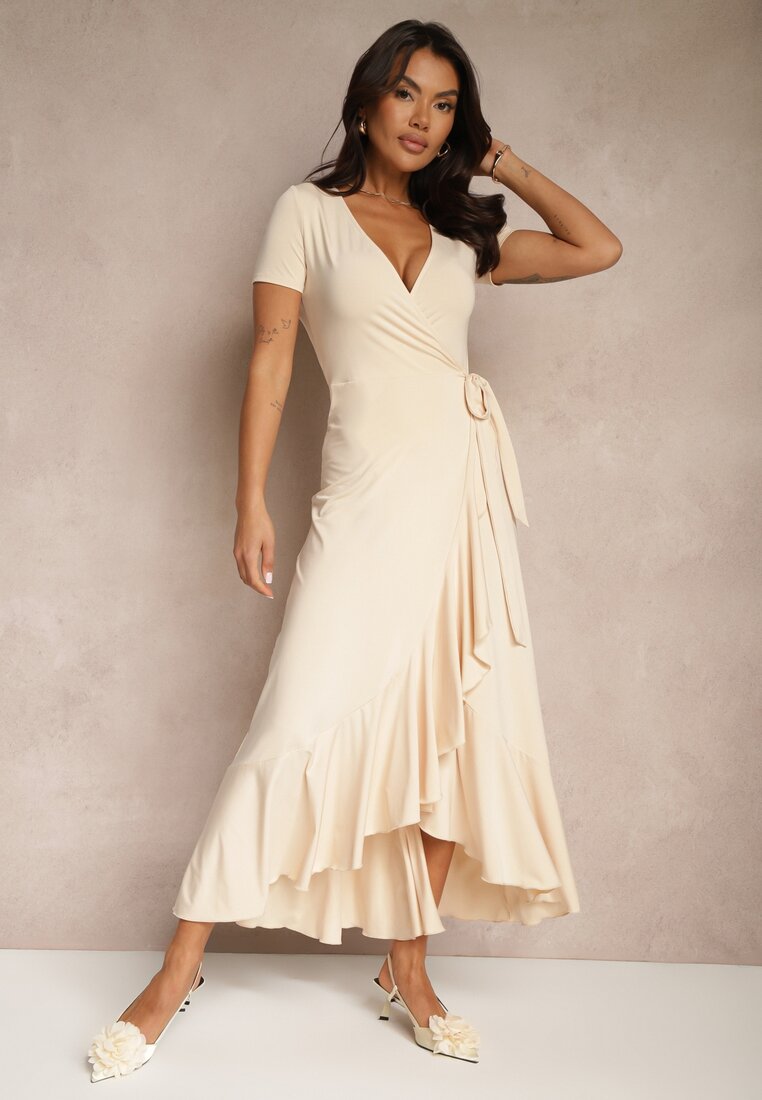 Rochie Bej cu croială petrecută cu volane Zleffia