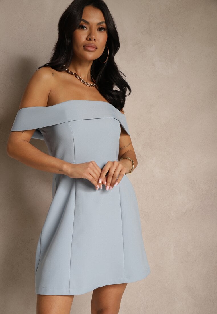 Rochie de cocktail albastră deschisă Bandeau cu pliu la decolteu Milzemis