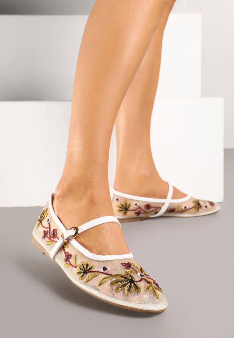 Balerini din plasă albe cu broderie florală și curea cu cataramă Danirna