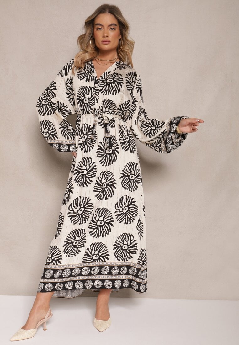 Rochie Neagră Oversize din Viscoză cu Cordon Decorată cu Imprimeu Etnic Velsekia