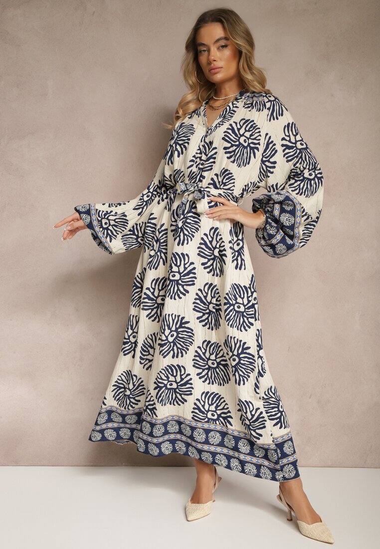 Rochie Albastră Oversize din Viscoză cu Curea Decorată cu Imprimeu Etnic Velsekia
