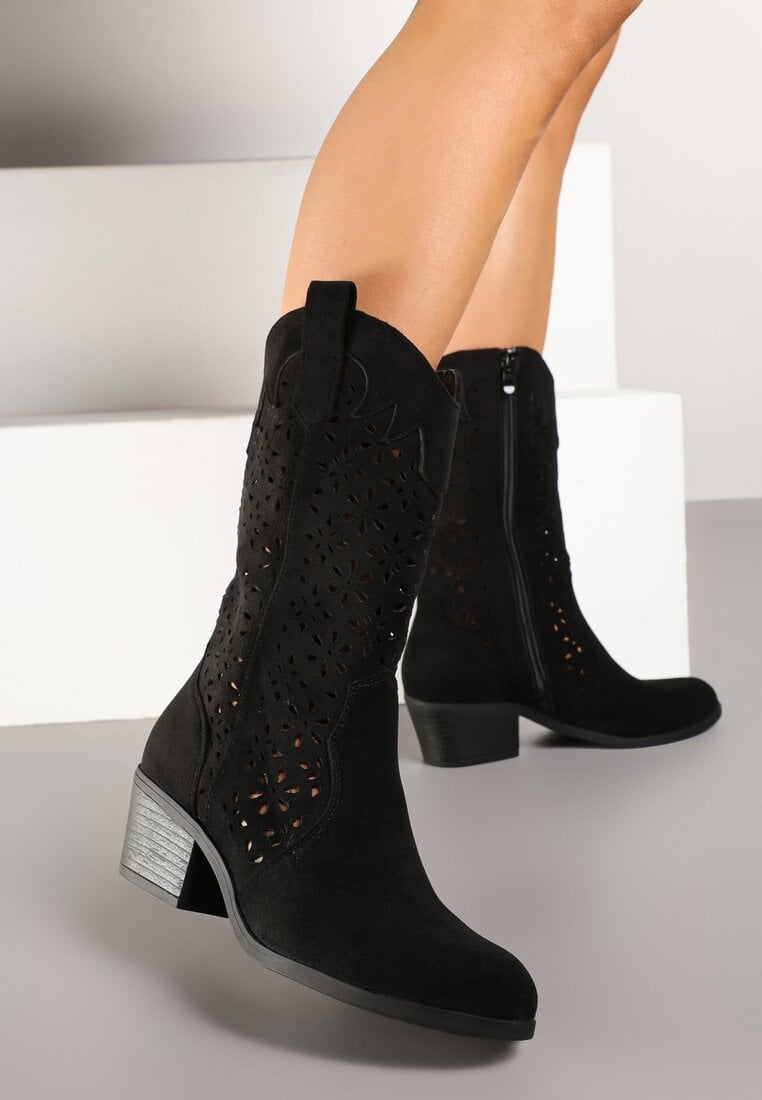 Botine Negre cowboy cu toc bloc și carâmb ajurat Ravsemi