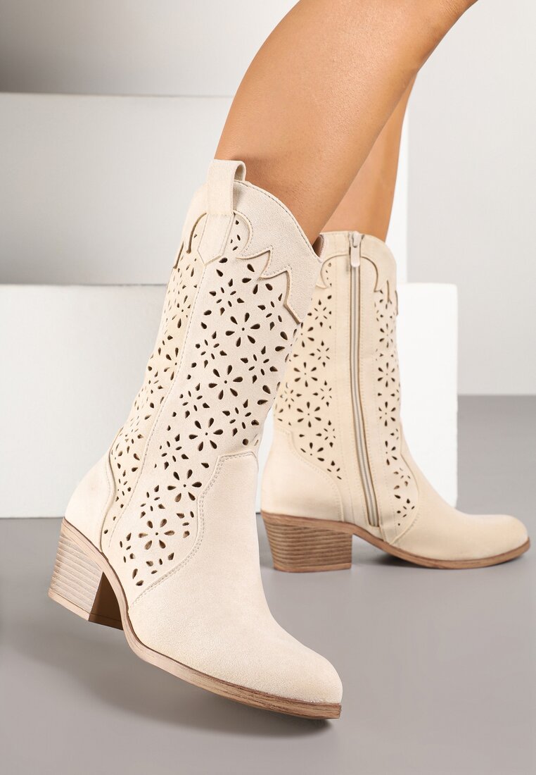 Ghete bej cowboy ajurate cu toc bloc Ravsemi