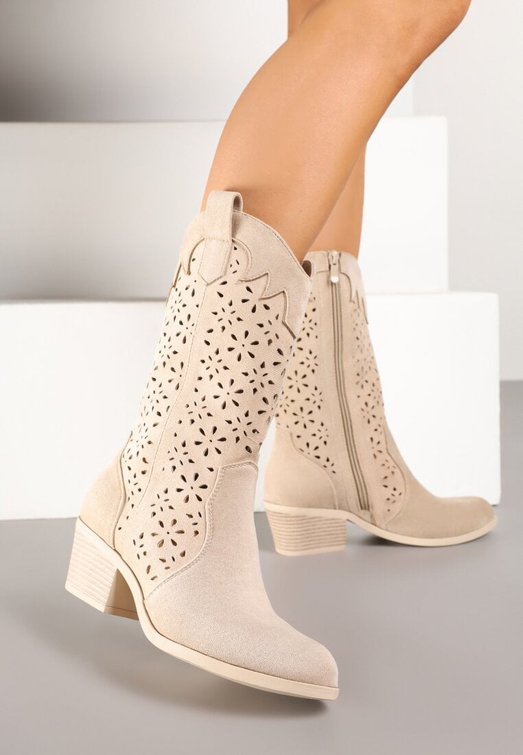 Botine cowboy bej închis cu toc gros cu carâmb ajurat Ravsemi