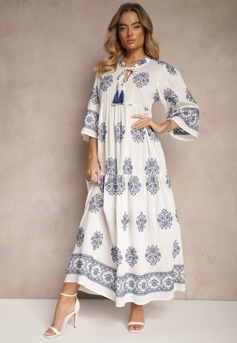 Rochie Albă Boho din Viscoză Decorată cu Broderie și Cordon cu Ciucuri Alinoria