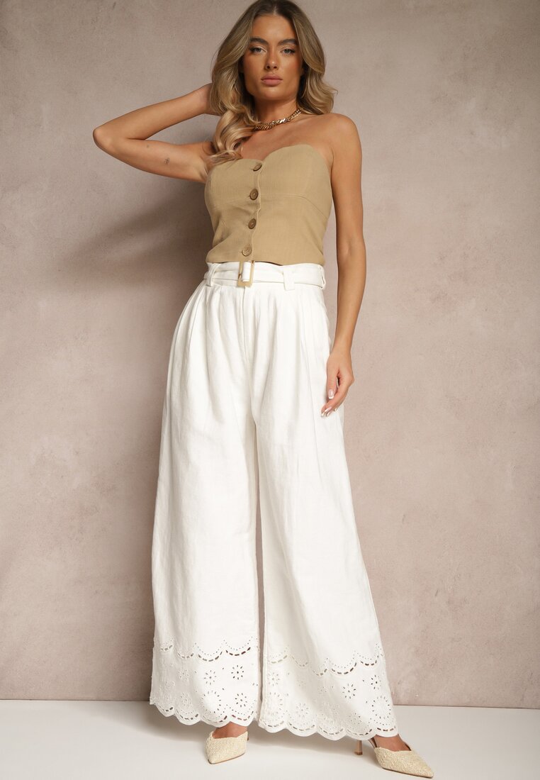 Pantaloni Largi Albi din Bumbac cu Broderie Decorativă și curea Lavsemi