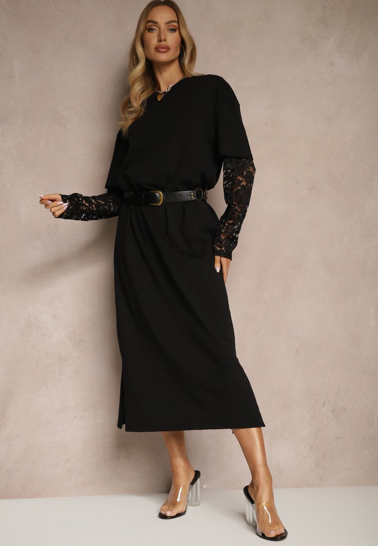 Rochie tip T-shirt Neagră de bumbac cu despicături și mâneci din dantelă Fenisia