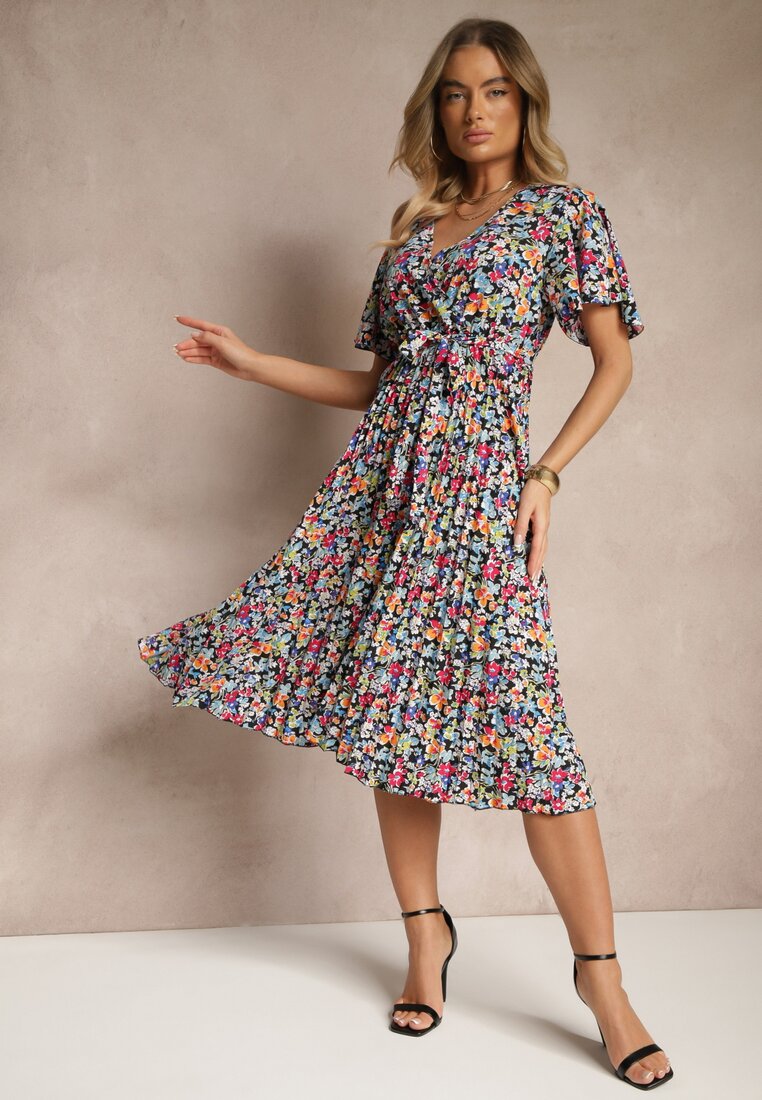 Rochie neagră evazată cu imprimeu floral cu decolteu petrecut plisată Lanasira