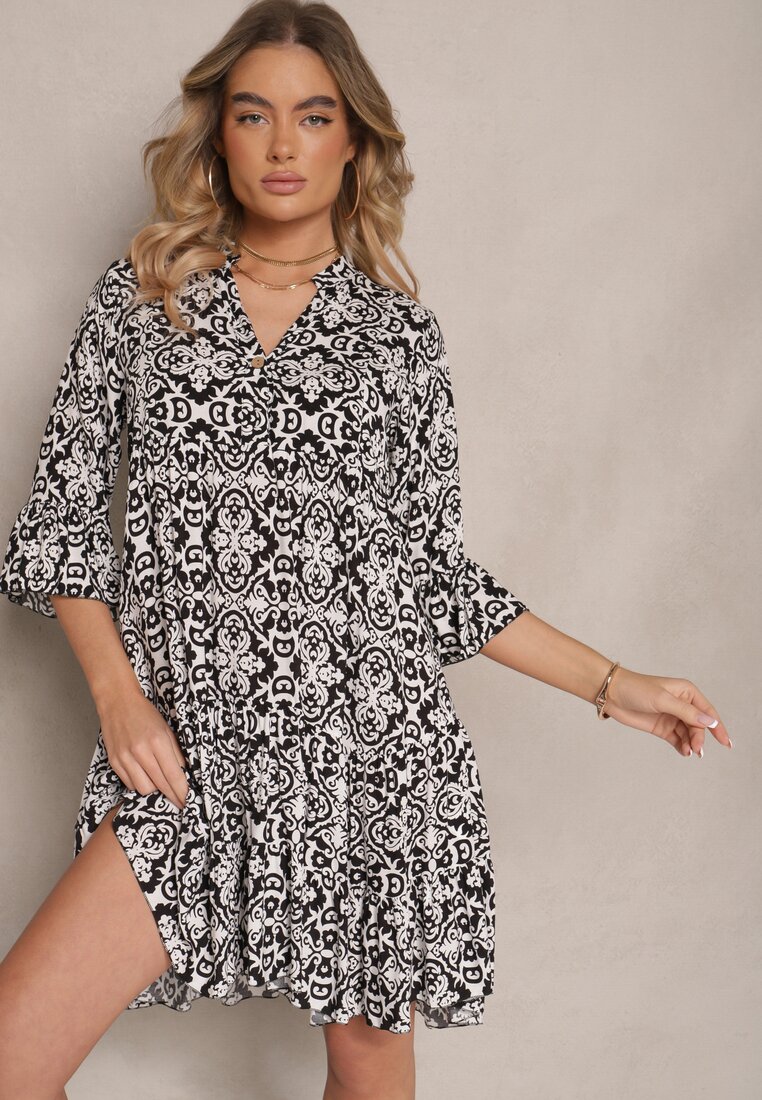Rochie Neagră de bumbac cloș cu volan cu imprimeu ornamental Laneloren