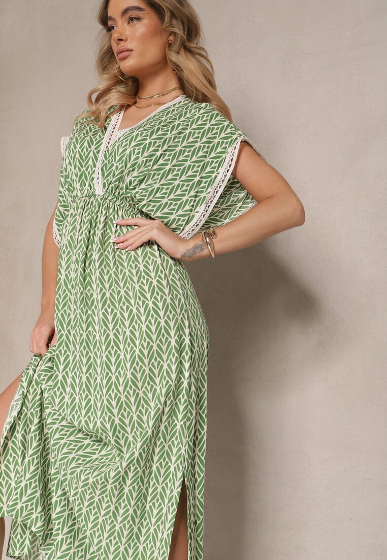 Rochie Verde de Bumbac Cloș cu inserții din dantelă Laniwena