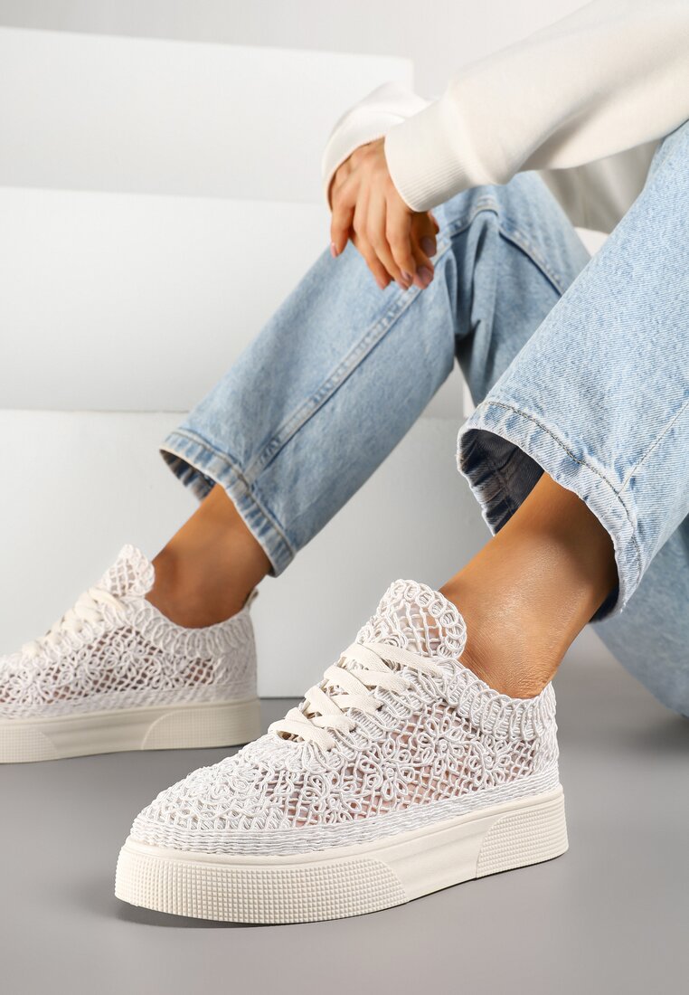 Adidași bej cu dantelă perforată pe talpă groasă Nanessia