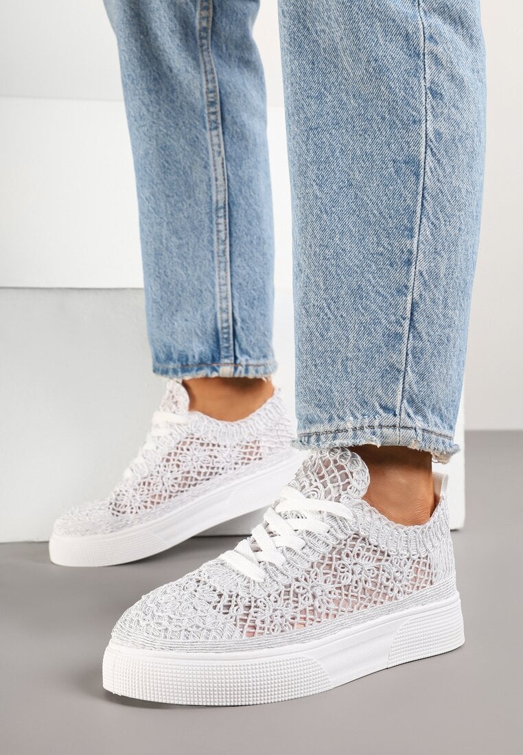 Sneakers Albe din dantelă ajurată cu talpă groasă Nanessia