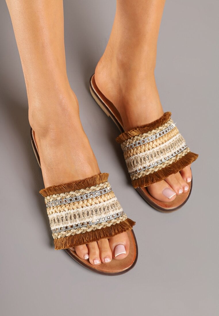 Papuci Maro-Bej Decorate cu baretă împletită, zirconii și franjuri Harisse