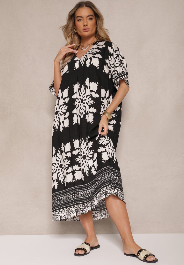 Rochie neagră tip cutie din viscoză cu decolteu în V cu model etnic Abrellis